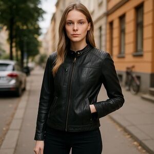 Fahsyee Black Faux Leather Cropped Euro Style Moto Jacket -Size L